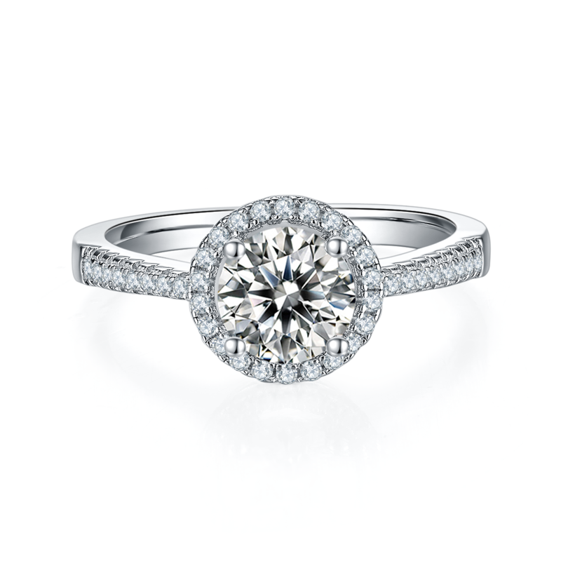 直臂豪华圆包S925银镀白金MoissaniteWomen's Ring1ctD级
